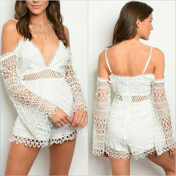 White Cold Shoulder Crochet Netted Lace Romper - Picture 4 of 4